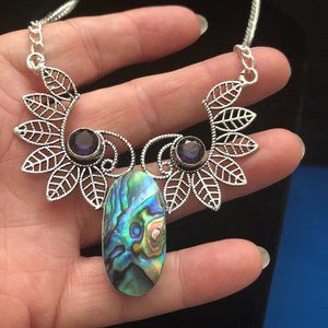 Exceptional Abalone Shell, Amethyst Gemstone 925 Stamped Sterling Necklace